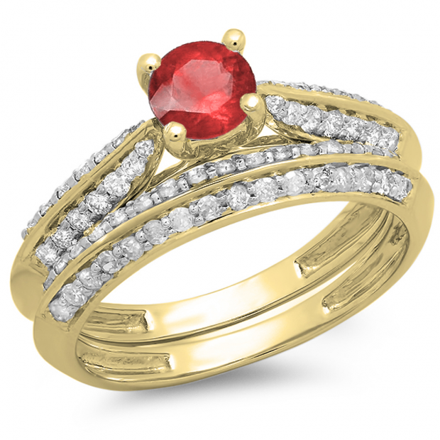 1.00 Carat (ctw) 10K Yellow Gold Round Red Ruby & White Diamond Ladies Bridal Engagement Ring With Matching Band Set 1 CT
