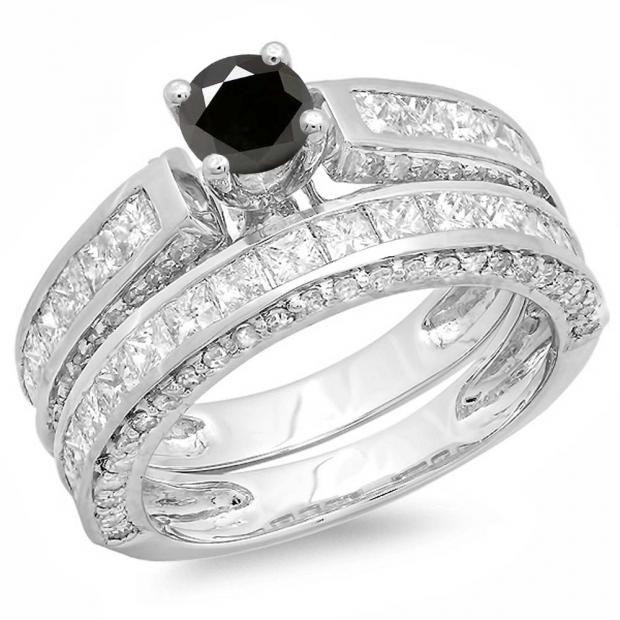 3.00 Carat (ctw) 14K White Gold Princess & Round Black & White Diamond Ladies Bridal Engagement Ring Set With Matching Band 3 CT
