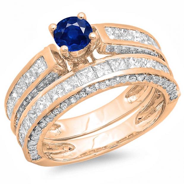 3.00 Carat (ctw) 10K Rose Gold Princess & Round Blue Sapphire & White Diamond Ladies Bridal Engagement Ring Set With Matching Band 3 CT