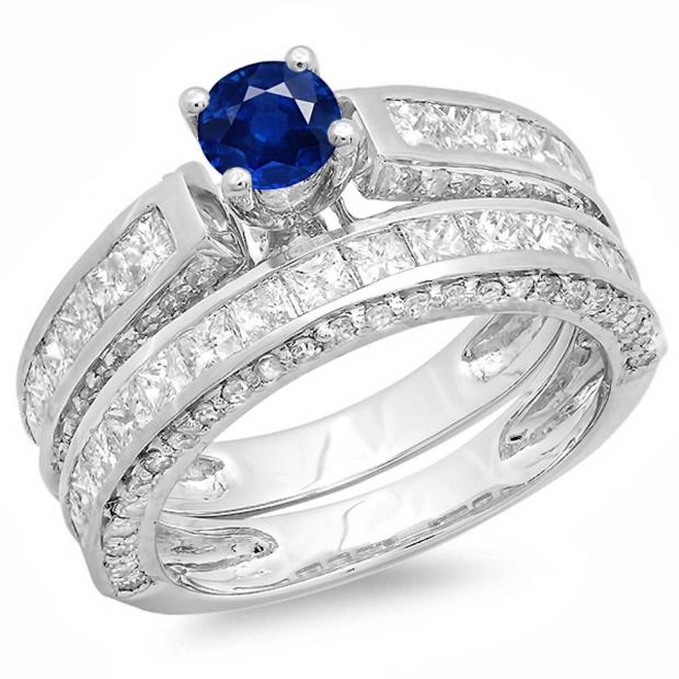 3.00 Carat (ctw) 14K White Gold Princess & Round Blue Sapphire & White Diamond Ladies Bridal Engagement Ring Set With Matching Band 3 CT
