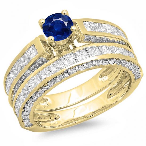 3.00 Carat (ctw) 14K Yellow Gold Princess & Round Blue Sapphire & White Diamond Ladies Bridal Engagement Ring Set With Matching Band 3 CT