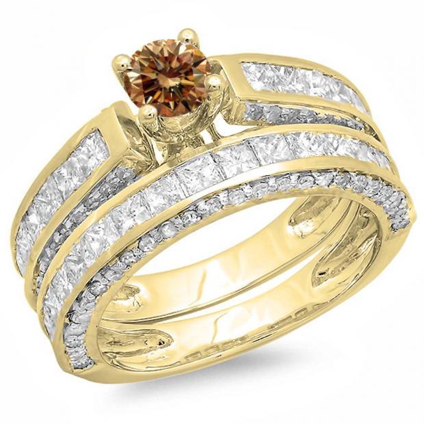 3.00 Carat (ctw) 10K Yellow Gold Princess & Round Champagne & White Diamond Ladies Bridal Engagement Ring Set With Matching Band 3 CT