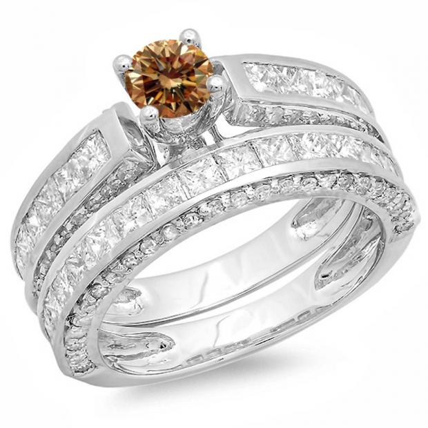 3.00 Carat (ctw) 14K White Gold Princess & Round Champagne & White Diamond Ladies Bridal Engagement Ring Set With Matching Band 3 CT