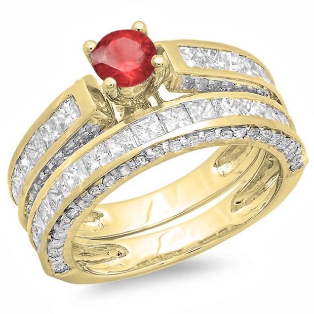 3.00 Carat (ctw) 10K Yellow Gold Princess & Round Red Ruby & White Diamond Ladies Bridal Engagement Ring Set With Matching Band 3 CT