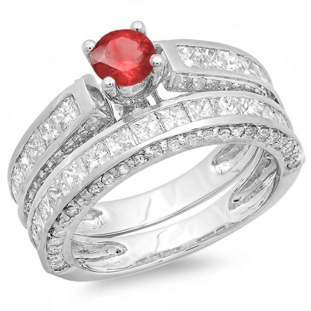 3.00 Carat (ctw) 14K White Gold Princess & Round Red Ruby & White Diamond Ladies Bridal Engagement Ring Set With Matching Band 3 CT