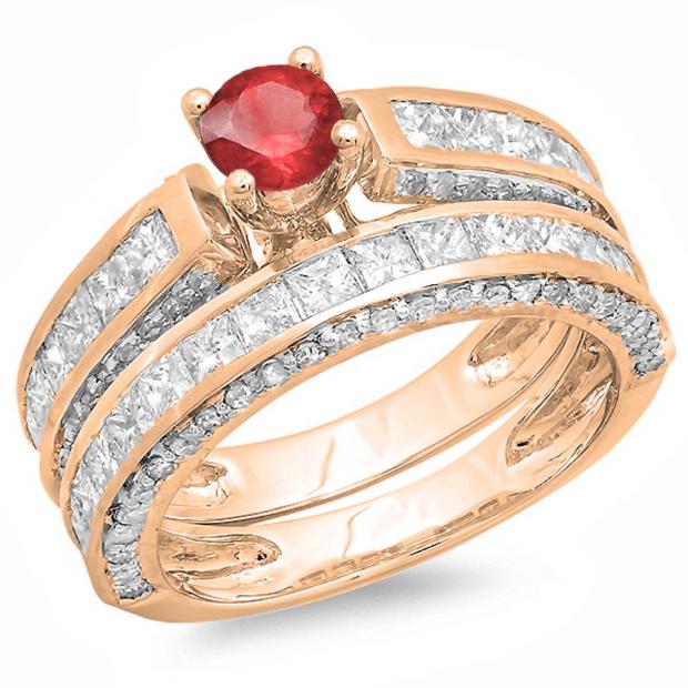 3.00 Carat (ctw) 18K Rose Gold Princess & Round Red Ruby & White Diamond Ladies Bridal Engagement Ring Set With Matching Band 3 CT