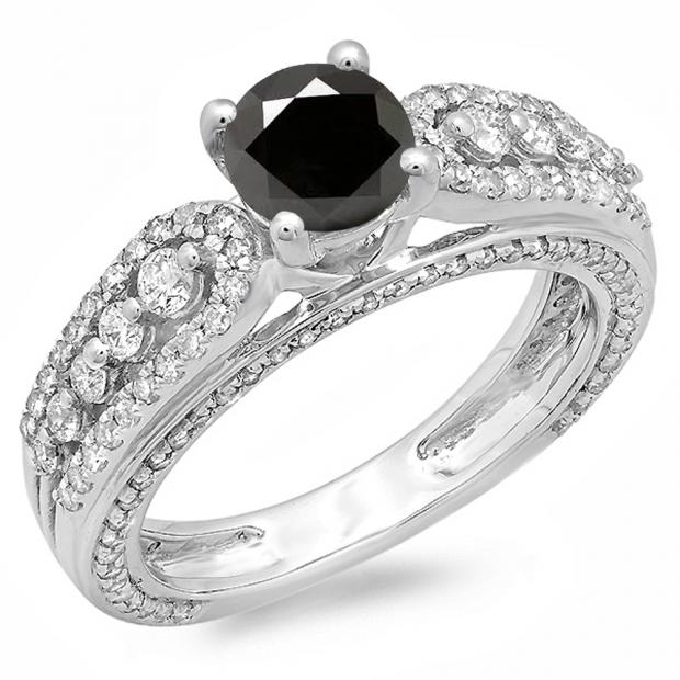 1.75 Carat (ctw) 14K White Gold Round Black & White Diamond Ladies Vintage Style Solitaire With Accents Bridal Engagement Ring 1 3/4 CT