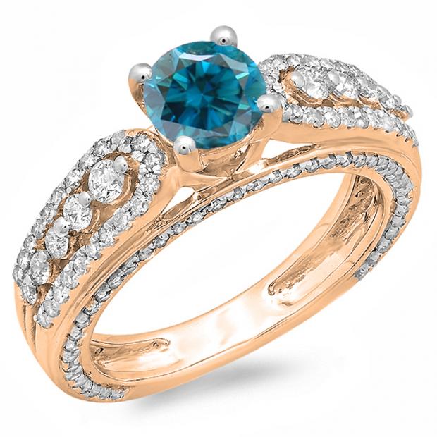 1.75 Carat (ctw) 10K Rose Gold Round Blue & White Diamond Ladies Vintage Style Solitaire With Accents Bridal Engagement Ring 1 3/4 CT