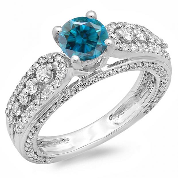 1.75 Carat (ctw) 10K White Gold Round Blue & White Diamond Ladies Vintage Style Solitaire With Accents Bridal Engagement Ring 1 3/4 CT
