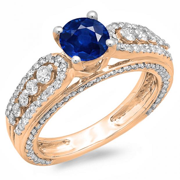 1.75 Carat (ctw) 10K Rose Gold Round Blue Sapphire & White Diamond Ladies Vintage Style Solitaire With Accents Bridal Engagement Ring 1 3/4 CT