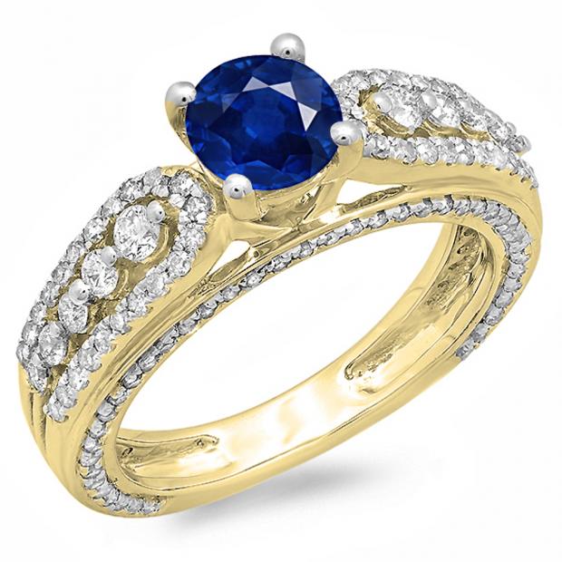 1.75 Carat (ctw) 10K Yellow Gold Round Blue Sapphire & White Diamond Ladies Vintage Style Solitaire With Accents Bridal Engagement Ring 1 3/4 CT