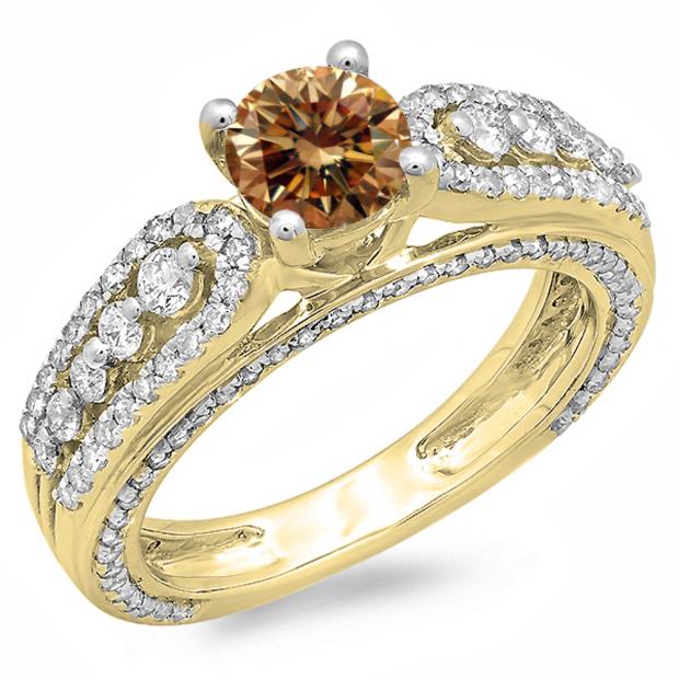 1.75 Carat (ctw) 10K Yellow Gold Round Champagne & White Diamond Ladies Vintage Style Solitaire With Accents Bridal Engagement Ring 1 3/4 CT