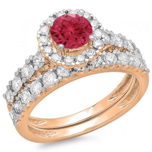 2.00 Carat (ctw) 10K Rose Gold Round Cut Red Ruby & White Diamond Ladies Bridal Halo Style Engagement Ring With Matching Wedding Band Set 2 CT