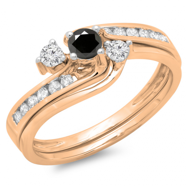 0.50 Carat (ctw) 10K Rose Gold Round Black & White Diamond Ladies Bridal Swirl Engagement Ring With Matching Band Set 1/2 CT