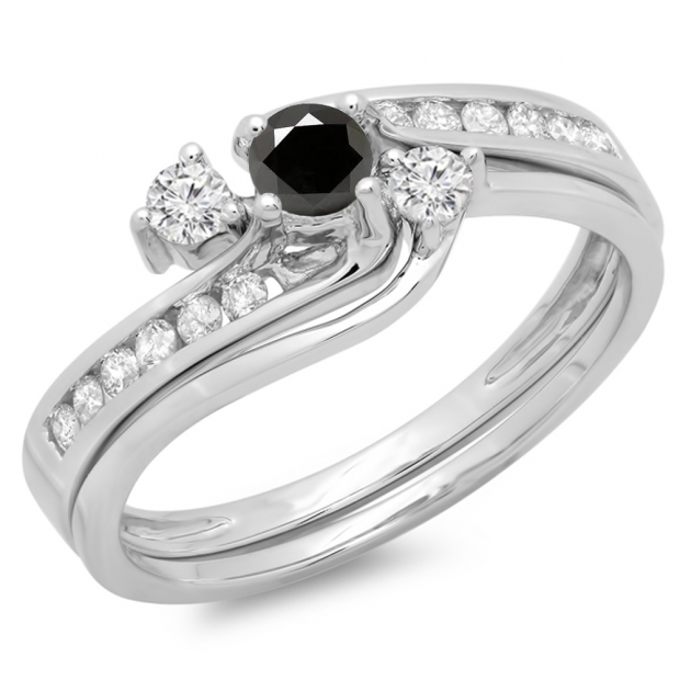0.50 Carat (ctw) 10K White Gold Round Black & White Diamond Ladies Bridal Swirl Engagement Ring With Matching Band Set 1/2 CT