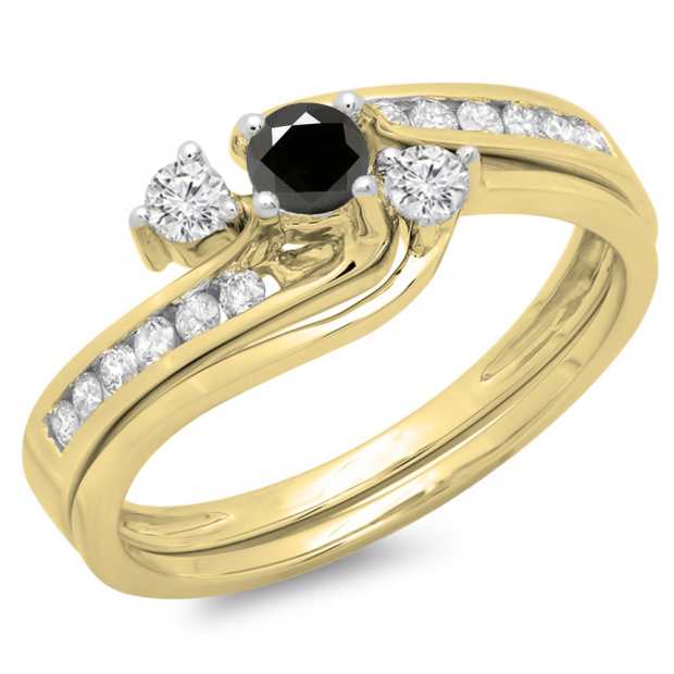 0.50 Carat (ctw) 10K Yellow Gold Round Black & White Diamond Ladies Bridal Swirl Engagement Ring With Matching Band Set 1/2 CT