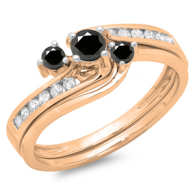 0.50 Carat (ctw) 14K Rose Gold Round Black & White Diamond Ladies Bridal Swirl Engagement Ring With Matching Band Set 1/2 CT