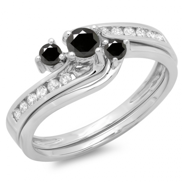 0.50 Carat (ctw) 14K White Gold Round Black & White Diamond Ladies Bridal Swirl Engagement Ring With Matching Band Set 1/2 CT