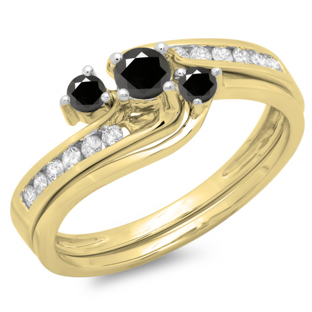 0.50 Carat (ctw) 14K Yellow Gold Round Black & White Diamond Ladies Bridal Swirl Engagement Ring With Matching Band Set 1/2 CT