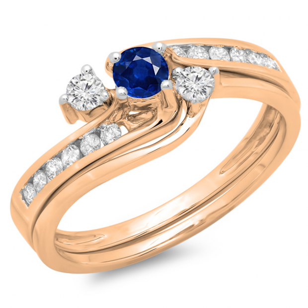 0.50 Carat (ctw) 10K Rose Gold Round Blue Sapphire & White Diamond Ladies Bridal Swirl Engagement Ring With Matching Band Set 1/2 CT