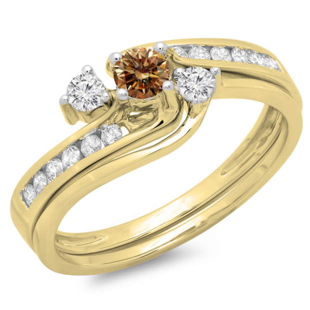 0.50 Carat (ctw) 10K Yellow Gold Round Champagne & White Diamond Ladies Bridal Swirl Engagement Ring With Matching Band Set 1/2 CT