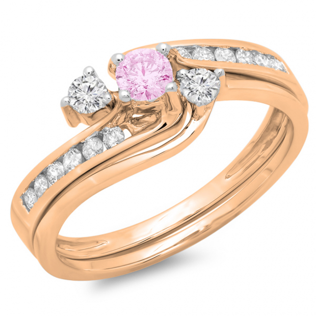 0.50 Carat (ctw) 10K Rose Gold Round Pink Sapphire & White Diamond Ladies Bridal Swirl Engagement Ring With Matching Band Set 1/2 CT