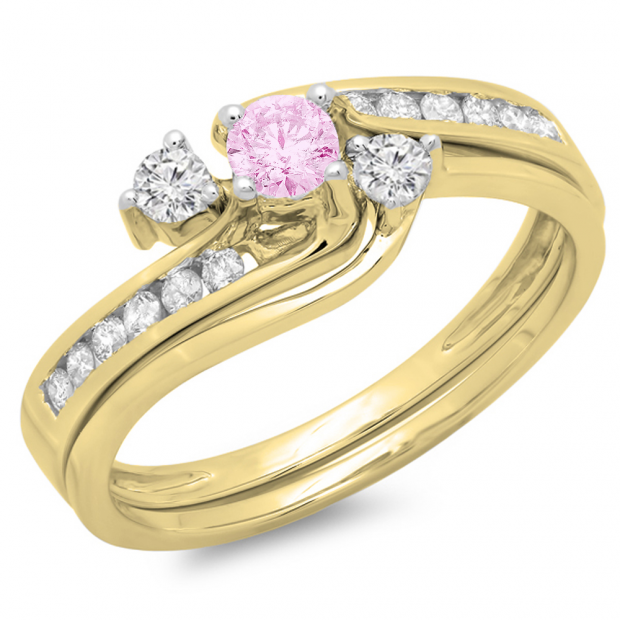 0.50 Carat (ctw) 10K Yellow Gold Round Pink Sapphire & White Diamond Ladies Bridal Swirl Engagement Ring With Matching Band Set 1/2 CT