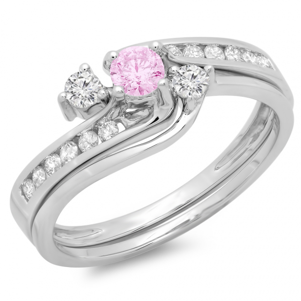 0.50 Carat (ctw) 14K White Gold Round Pink Sapphire & White Diamond Ladies Bridal Swirl Engagement Ring With Matching Band Set 1/2 CT