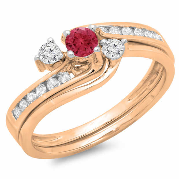 0.50 Carat (ctw) 10K Rose Gold Round Red Ruby & White Diamond Ladies Bridal Swirl Engagement Ring With Matching Band Set 1/2 CT