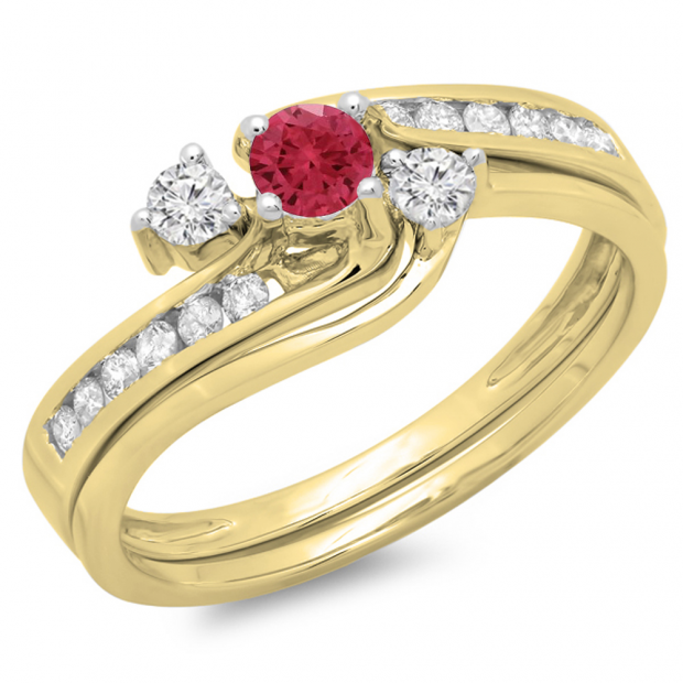 0.50 Carat (ctw) 10K Yellow Gold Round Red Ruby & White Diamond Ladies Bridal Swirl Engagement Ring With Matching Band Set 1/2 CT