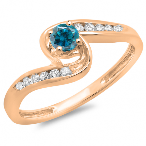 0.36 Carat (ctw) 10K Rose Gold Round Blue & White Diamond Ladies Twisted Swirl Bridal Engagement Ring 1/3 CT