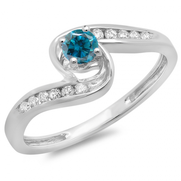 0.36 Carat (ctw) 10K White Gold Round Blue & White Diamond Ladies Twisted Swirl Bridal Engagement Ring 1/3 CT