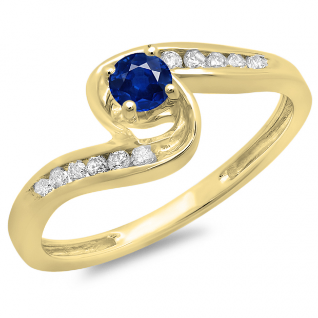 0.36 Carat (ctw) 14K Yellow Gold Round Blue Sapphire & White Diamond Ladies Twisted Swirl Bridal Engagement Ring 1/3 CT