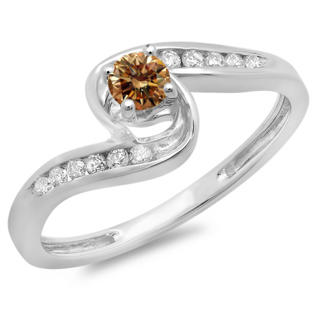 0.36 Carat (ctw) 14K White Gold Round Champagne & White Diamond Ladies Twisted Swirl Bridal Engagement Ring 1/3 CT
