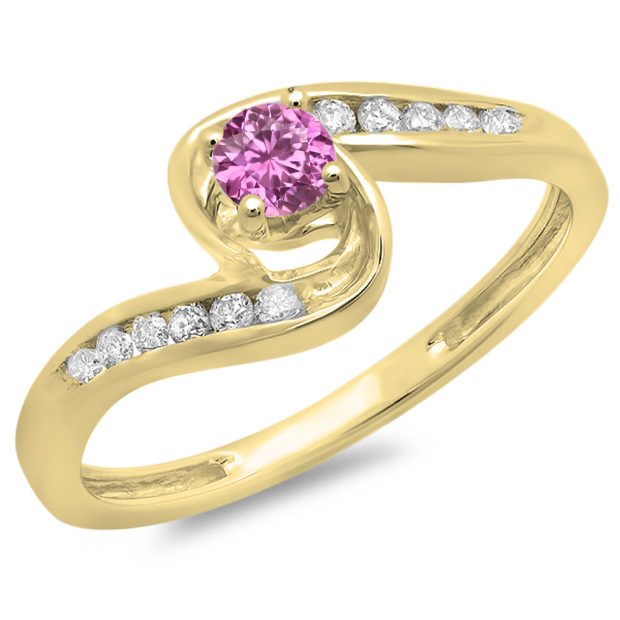 0.36 Carat (ctw) 10K Yellow Gold Round Pink Sapphire & White Diamond Ladies Twisted Swirl Bridal Engagement Ring 1/3 CT