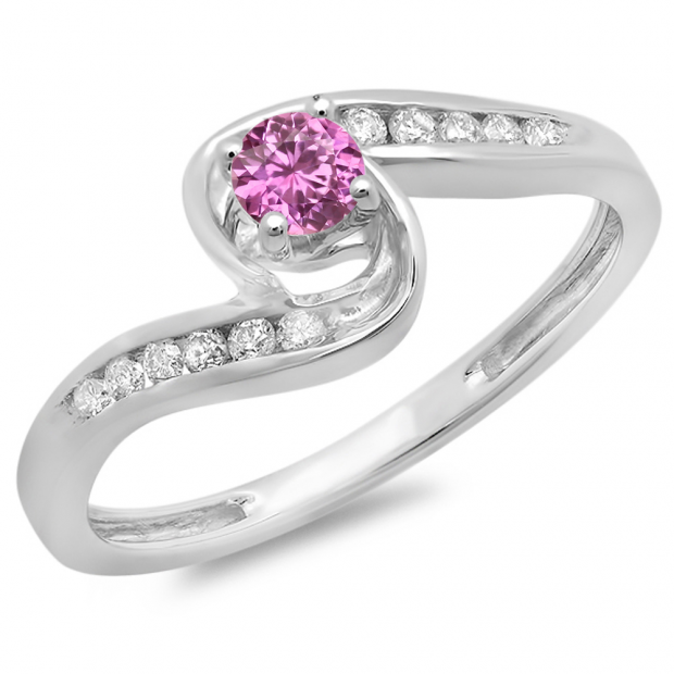 0.36 Carat (ctw) 14K White Gold Round Pink Sapphire & White Diamond Ladies Twisted Swirl Bridal Engagement Ring 1/3 CT