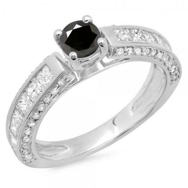 1.75 Carat (ctw) 10K White Gold Round & Princess Cut Black & White Diamond Ladies Solitaire With Accents Bridal Engagement Ring 1 3/4 CT