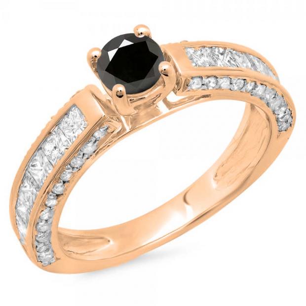 1.75 Carat (ctw) 14K Rose Gold Round & Princess Cut Black & White Diamond Ladies Solitaire With Accents Bridal Engagement Ring 1 3/4 CT