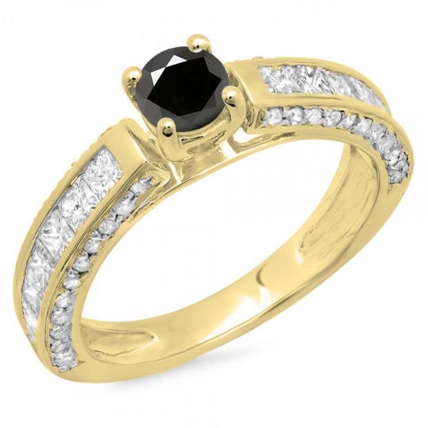 1.75 Carat (ctw) 14K Yellow Gold Round & Princess Cut Black & White Diamond Ladies Solitaire With Accents Bridal Engagement Ring 1 3/4 CT