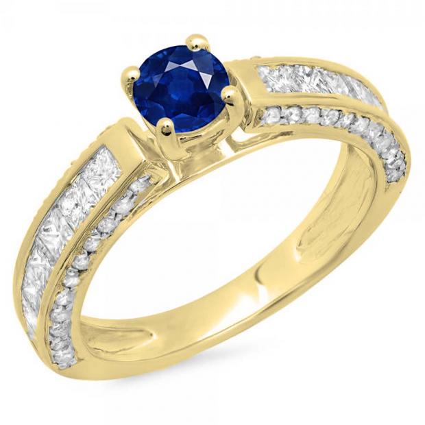 1.75 Carat (ctw) 10K Yellow Gold Round & Princess Cut Blue Sapphire & White Diamond Ladies Solitaire With Accents Bridal Engagement Ring 1 3/4 CT
