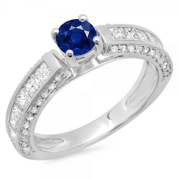 1.75 Carat (ctw) 14K White Gold Round & Princess Cut Blue Sapphire & White Diamond Ladies Solitaire With Accents Bridal Engagement Ring 1 3/4 CT