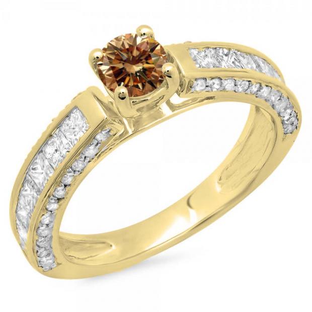 1.75 Carat (ctw) 10K Yellow Gold Round & Princess Cut Champagne & White Diamond Ladies Solitaire With Accents Bridal Engagement Ring 1 3/4 CT