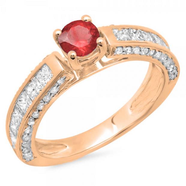 1.75 Carat (ctw) 14K Rose Gold Round & Princess Cut Red Ruby & White Diamond Ladies Solitaire With Accents Bridal Engagement Ring 1 3/4 CT