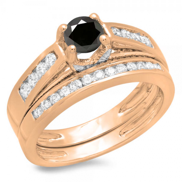 1.00 Carat (ctw) 10K Rose Gold Round White & Black Diamond Ladies Vintage Style Bridal Engagement Ring With Matching Band Set 1 CT