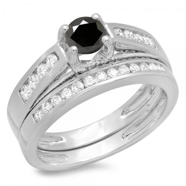 1.00 Carat (ctw) 10K White Gold Round White & Black Diamond Ladies Vintage Style Bridal Engagement Ring With Matching Band Set 1 CT