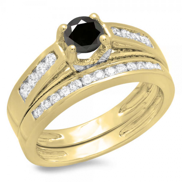 1.00 Carat (ctw) 14K Yellow Gold Round White & Black Diamond Ladies Vintage Style Bridal Engagement Ring With Matching Band Set 1 CT
