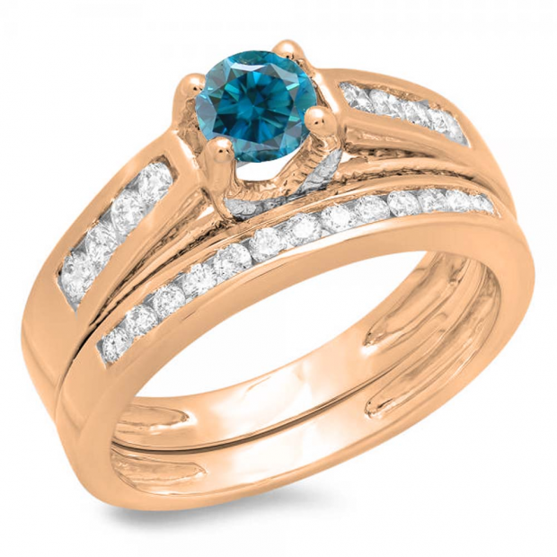 1.00 Carat (ctw) 10K Rose Gold Round White & Blue Diamond Ladies Vintage Style Bridal Engagement Ring With Matching Band Set 1 CT