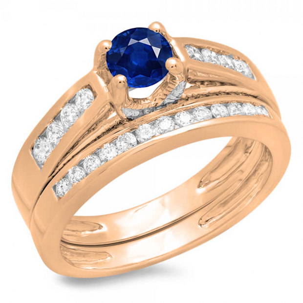1.00 Carat (ctw) 10K Rose Gold Round White Diamond & Blue Sapphire Ladies Vintage Style Bridal Engagement Ring With Matching Band Set 1 CT