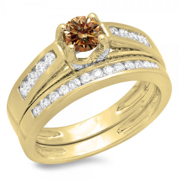 1.00 Carat (ctw) 10K Yellow Gold Round White & Champagne Diamond Ladies Vintage Style Bridal Engagement Ring With Matching Band Set 1 CT