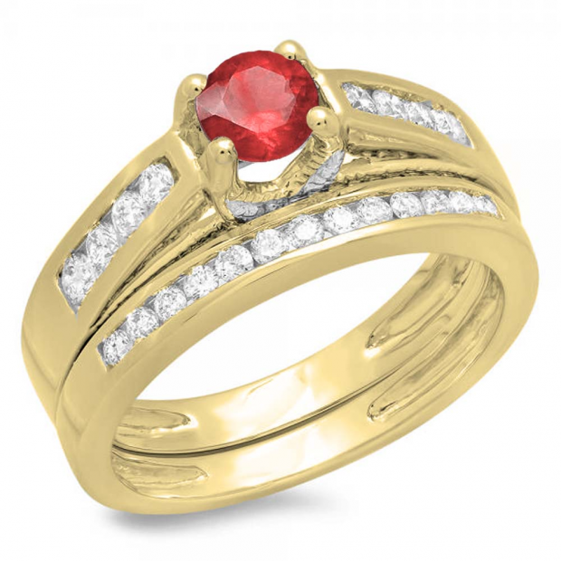 1.00 Carat (ctw) 10K Yellow Gold Round White Diamond & Red Ruby Ladies Vintage Style Bridal Engagement Ring With Matching Band Set 1 CT